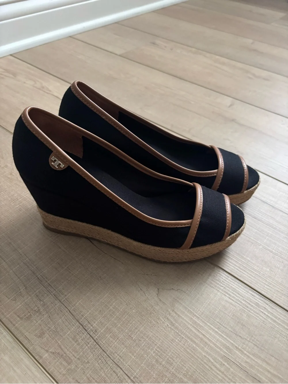Tory Burch Majorca Black Canvas and Brown Leather Peep Toe Wedge Espadrille